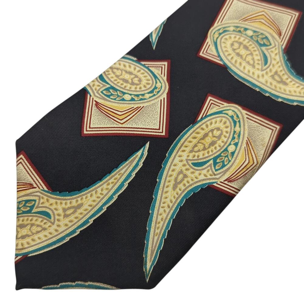 Vintage Jos A Bank Mens Tie Geometric Paisley Black Teal Red Cream Silk Necktie - Picture 1 of 6